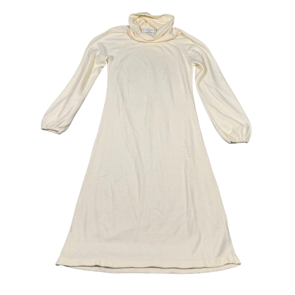 Vintage 70s Sears Cream Knit Turtleneck Midi Dress Winter Lounge Dress Lantern